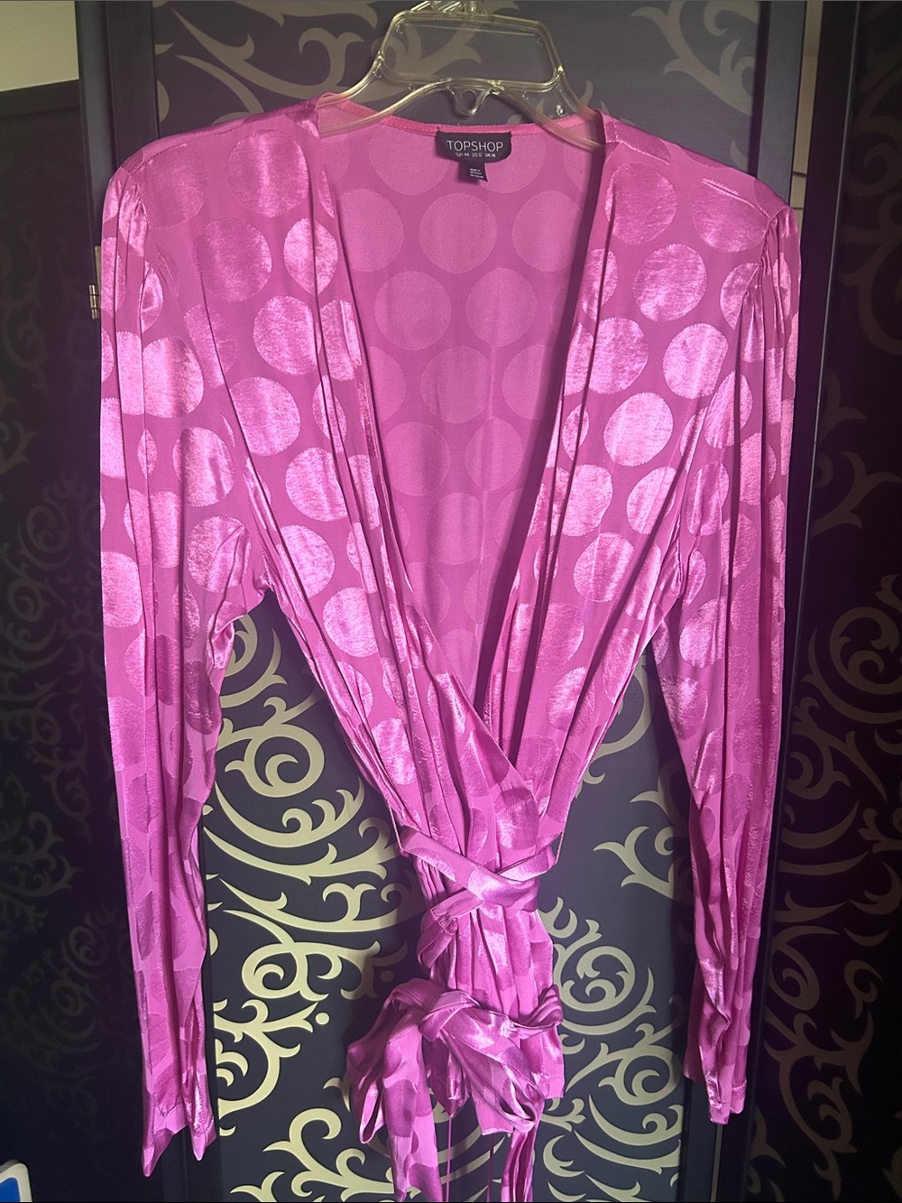 Topshop Hot Pink Satin Polka Dot Wrap top